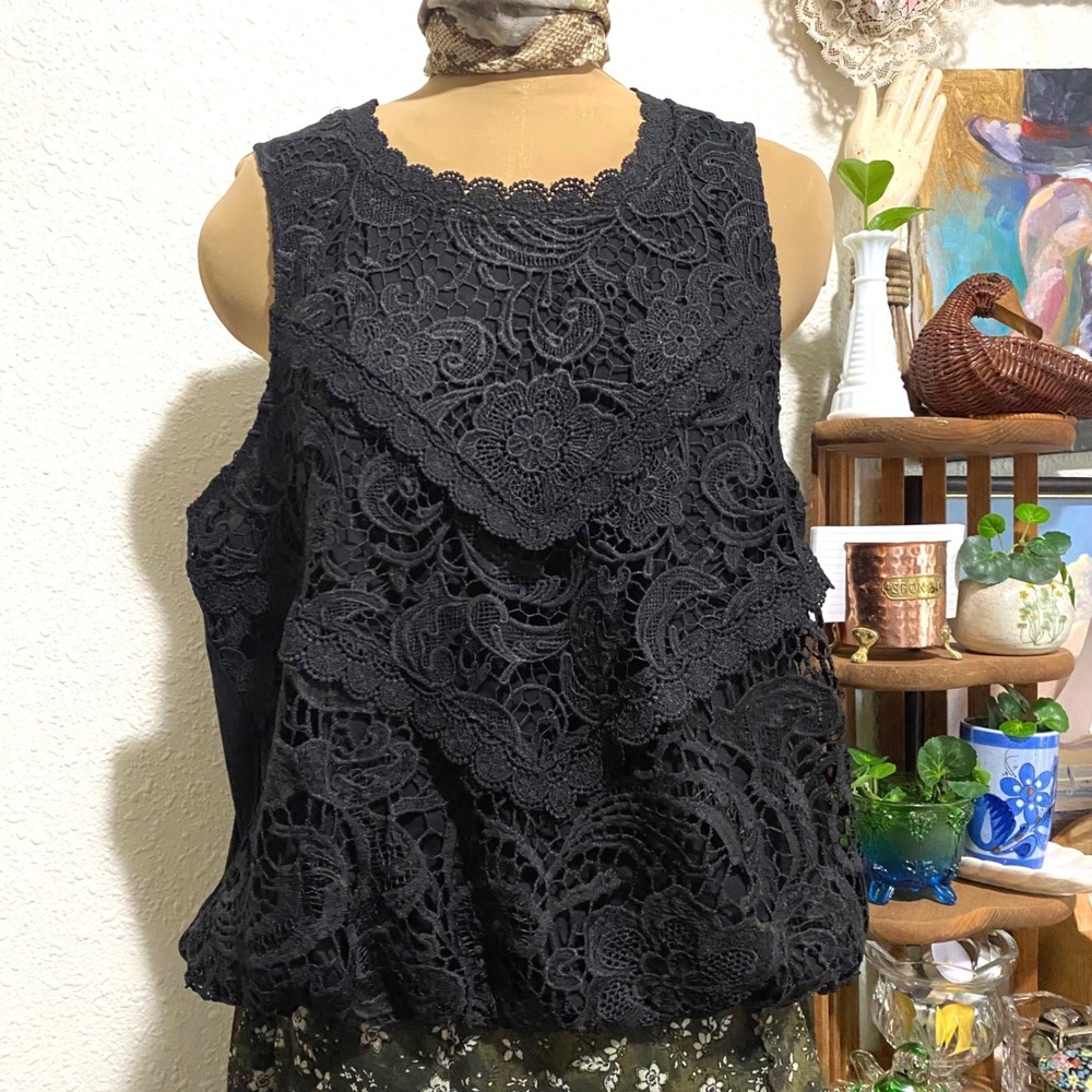 Calligraphie Lace Tank Top Goth witchy boho Women XL Black Sleeveless Bubble Hem